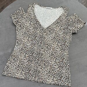 Leopard Print Cold Shoulder V-Neck Top - Neutral